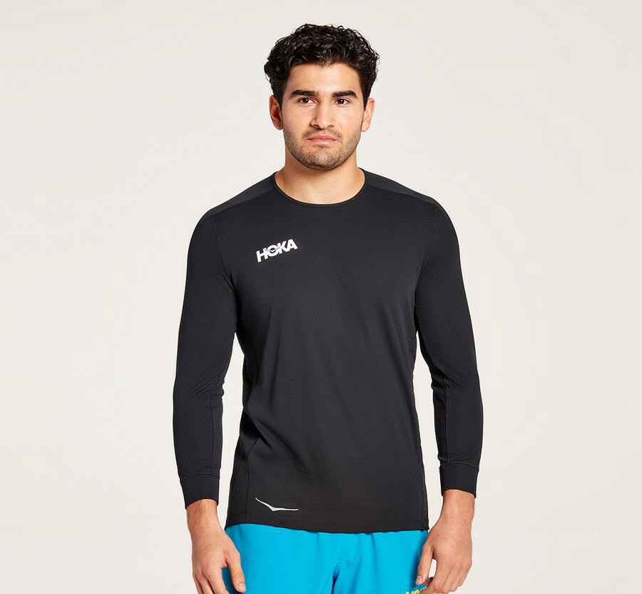 Top Hoka One One Hombre Negros - Performance 3/4 Sleeve - DBZJ62945